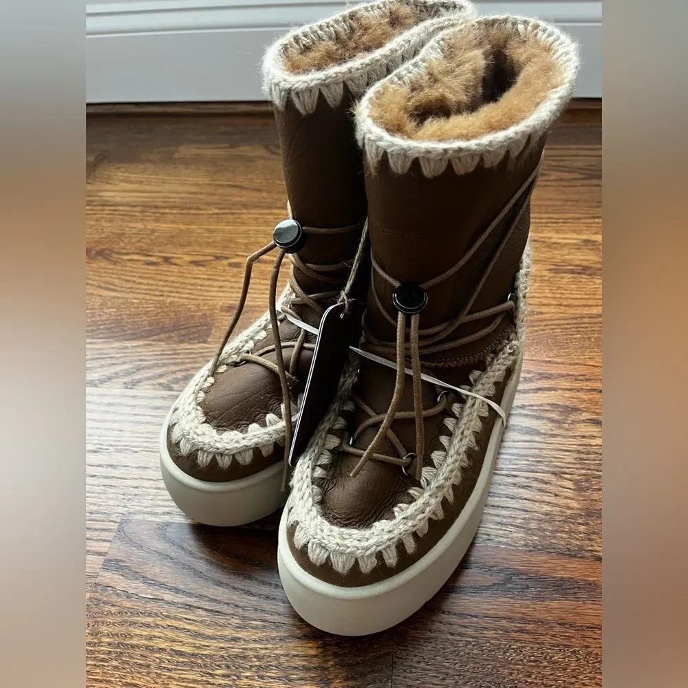 Mou eskimo chunky padded snow boots ankle crafted from light brown leather